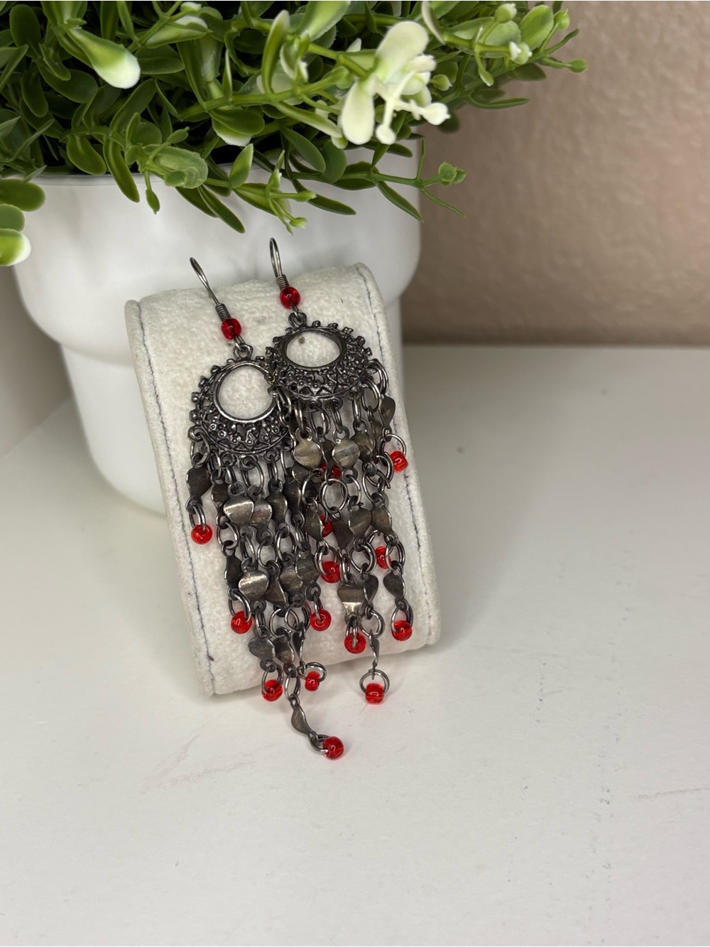 Vintage Boho Silver Chandelier Dangle Earrings Red Bead Fringe Statement